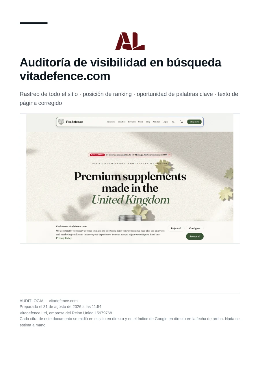 El informe de auditoría de nuestra propia web de suplementos &mdash; la portada con la captura del propio sitio